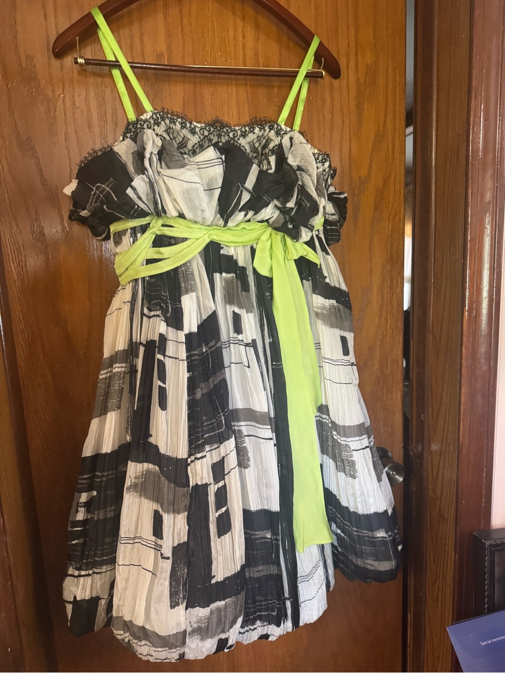 Designer Gemi  Black  & White Printed  Silk dress with Lime Accents ballon style